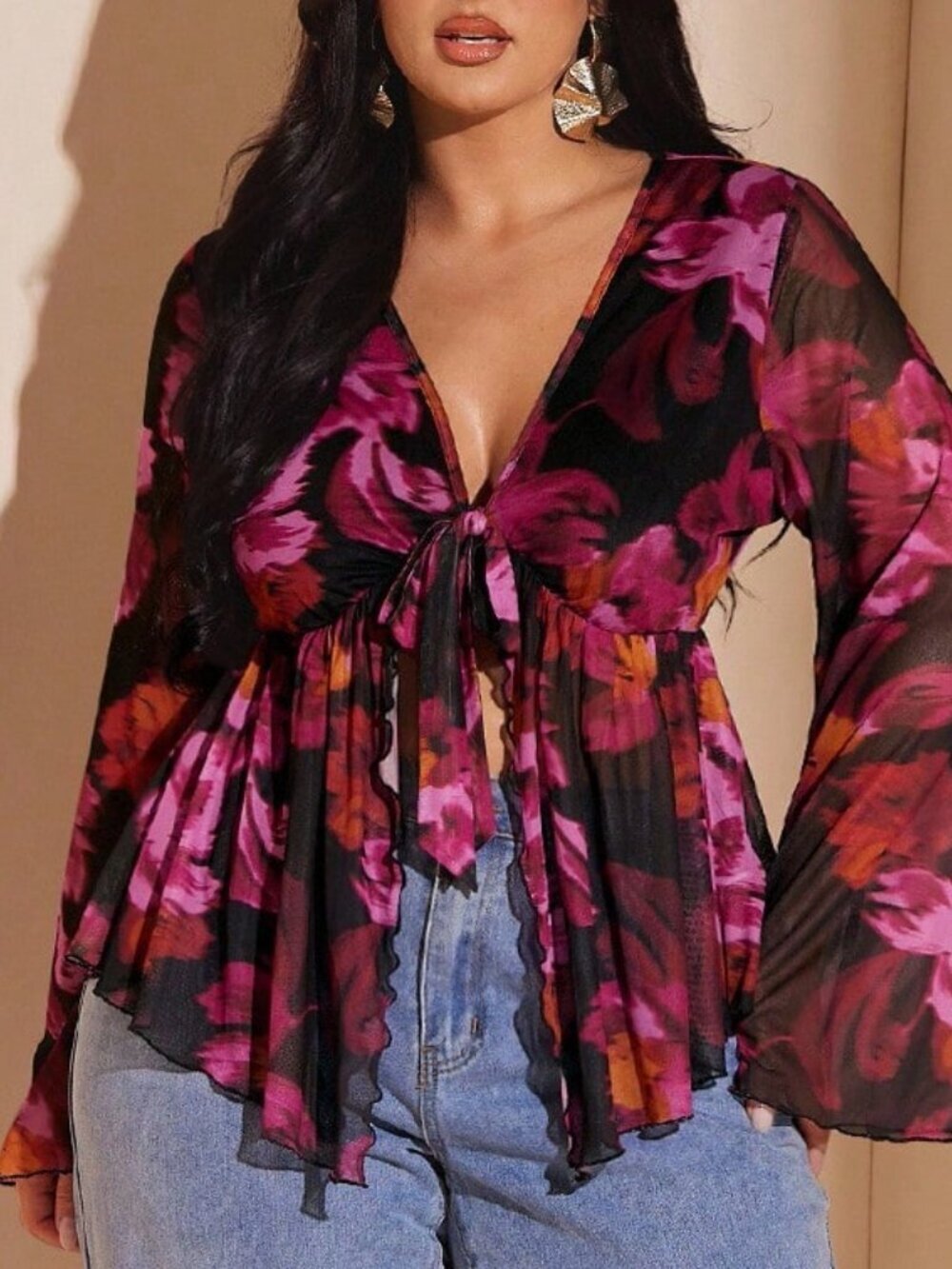 Purple Boho Women's Plus Size Paisley Front Tie Knit Top